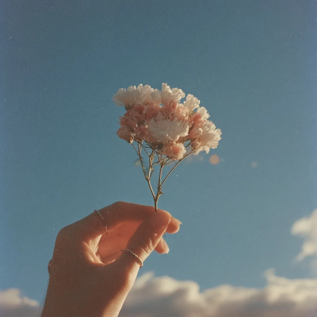 A hand gently holds a delicate bouquet of small, light pink and white flowers against a vibrant blue sky.  The image has a vintage, soft filter applied, enhancing the dreamy aesthetic.  The contrast between the pastel flowers and the clear sky creates a peaceful and serene mood.  Clouds are visible in the lower portion of the image.