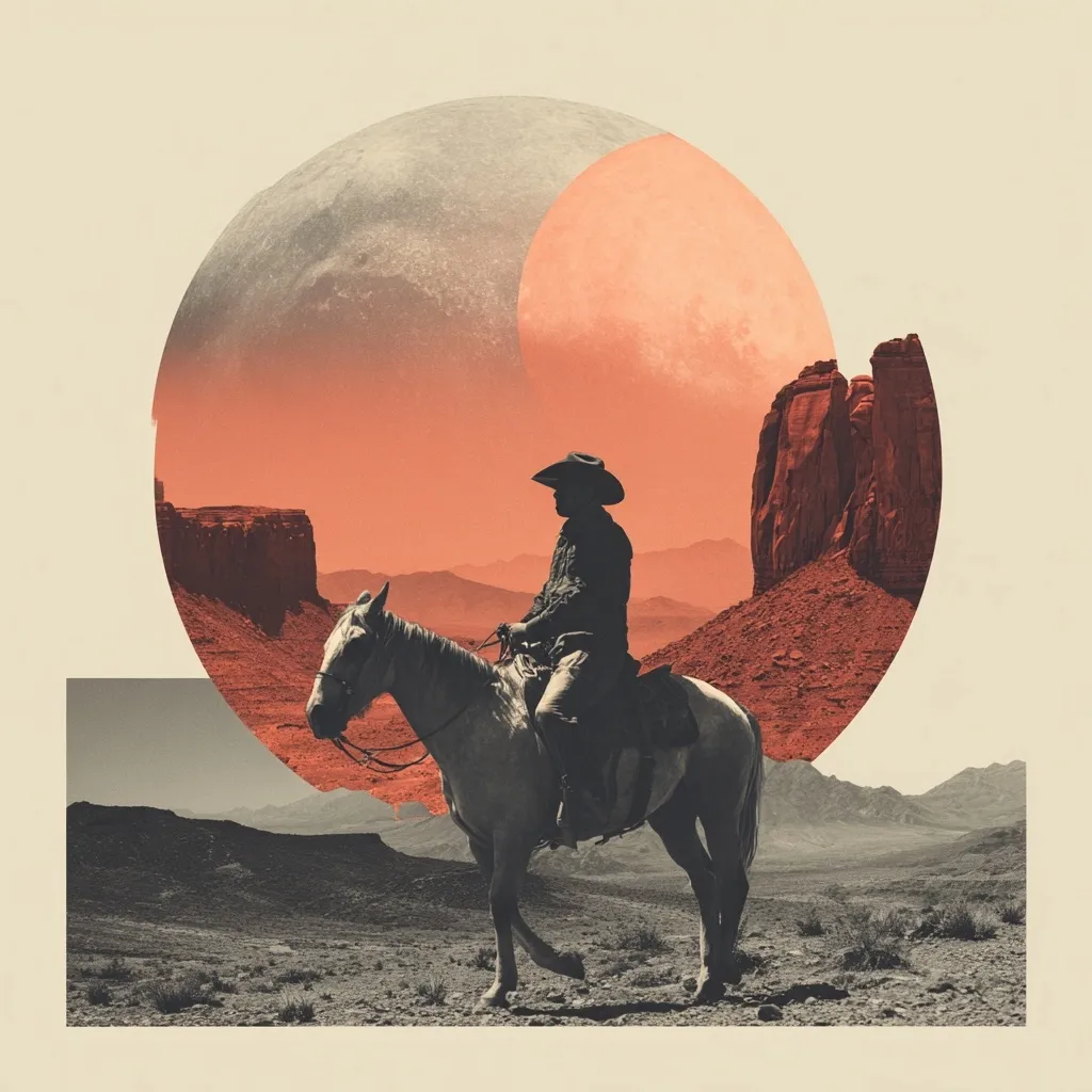A lone cowboy sits astride his horse against a surreal, desert landscape.  A large, partially obscured celestial body, possibly a moon, dominates the background, its warm tones contrasting with the cooler desert hues.  Monument Valley-like rock formations are visible, adding to the sense of vastness and isolation. The overall style is a blend of vintage and surrealism, creating a striking visual narrative.