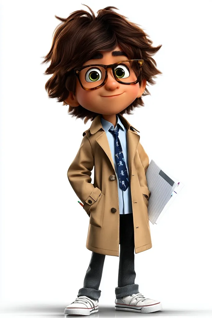 A charming animated boy with brown, tousled hair and large glasses stands confidently.  He's dressed in a tan trench coat, light blue shirt, and a dark tie featuring small repeating patterns.  He holds a notepad in one hand, and his hands are casually in his coat pockets.  The character exudes a youthful, inquisitive energy, suggesting a playful and intelligent personality.