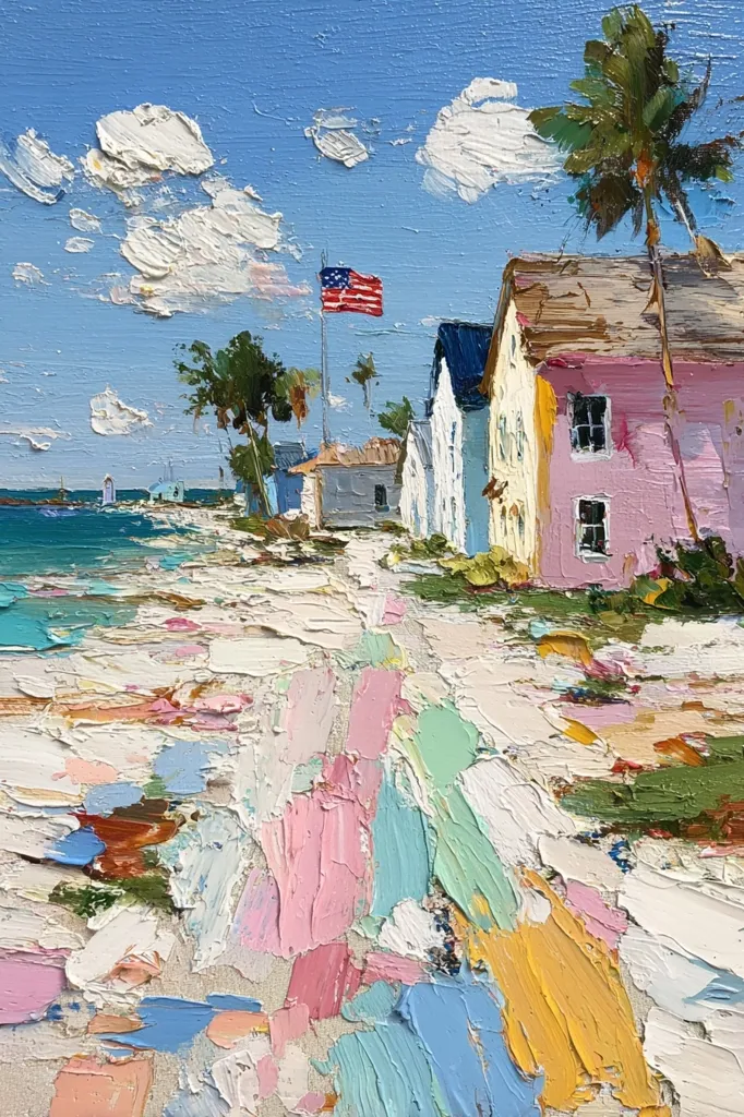 A vibrant, impressionistic painting depicts a beach scene.  Pastel-colored houses line a sandy path leading to a calm ocean under a bright blue sky dotted with fluffy clouds.  Palm trees sway in the gentle breeze, and an American flag stands tall.  The artist uses thick, textured brushstrokes to create a sense of movement and light. The overall mood is cheerful and idyllic.