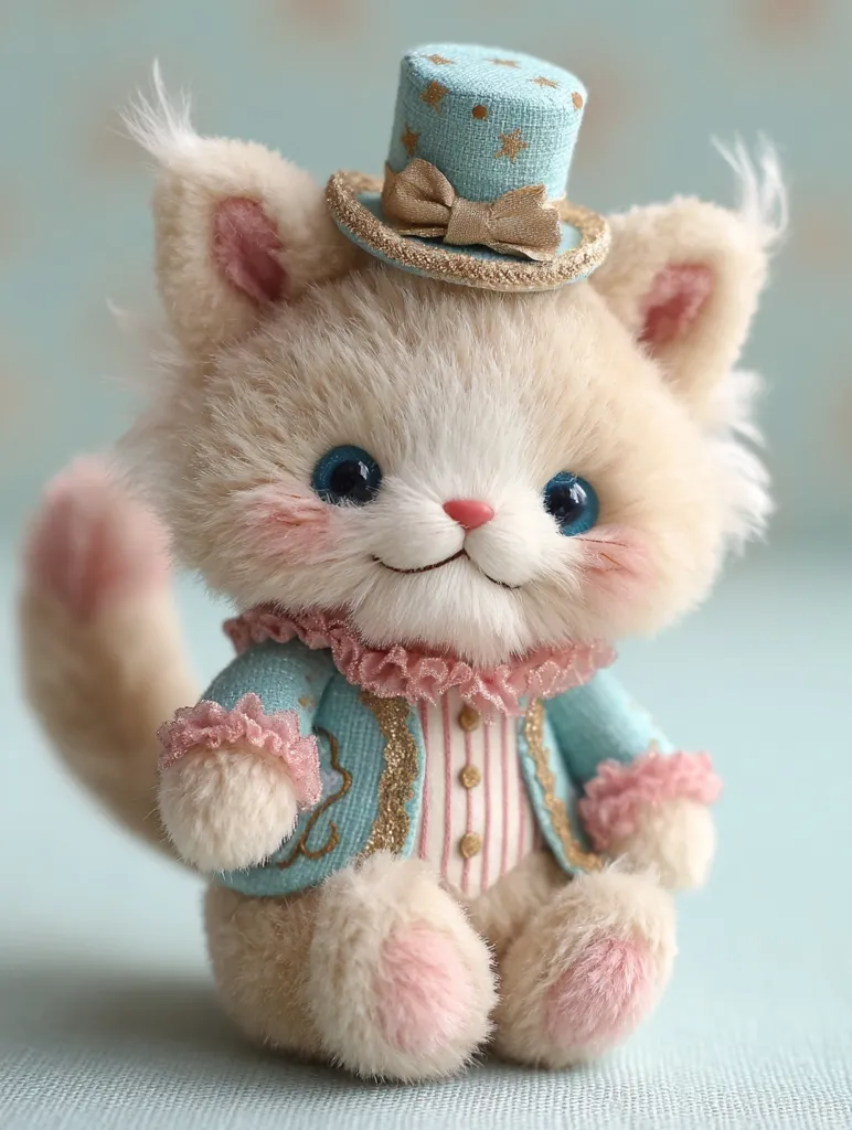A charming handcrafted plush toy cat, boasting creamy beige fur and rosy pink paw pads, is elegantly dressed in a light blue jacket adorned with pink ruffles and gold accents.  The cat wears a miniature light blue top hat embellished with gold stars and a delicate bow, adding to its whimsical appeal. Its large, expressive blue eyes and sweet smile complete the endearing image.