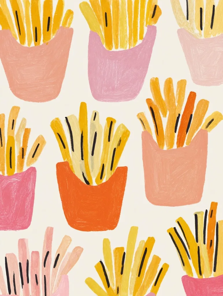 A stylized illustration features numerous containers of french fries.  The fries are depicted in varying shades of yellow and orange, with bold black lines indicating their individual sticks. The containers are in pastel pink and orange hues, rendered with a textured, painterly effect.  The overall aesthetic is playful and cheerful, reminiscent of childlike art. The background is a light beige.