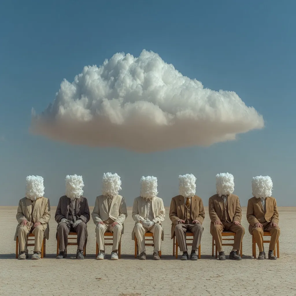 Seven figures, heads covered by fluffy white cubes, sit formally on wooden chairs in a desolate, flat landscape under a large, imposing cumulus cloud. The scene is surreal and evokes a sense of anonymity and collective waiting, perhaps suggesting a shared unknown or suppressed identity.  The vast sky and barren earth emphasize the isolation of the group.