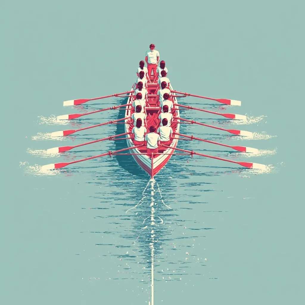 A red rowboat, carrying a team of rowers, glides across calm water.  A leader stands at the bow, guiding the crew.  The synchronized rowing motion and the straight trajectory convey teamwork, coordination, and a shared goal. The image's minimalist style emphasizes the collaborative effort and unified direction of the team.  The water's reflection mirrors the boat's progress.