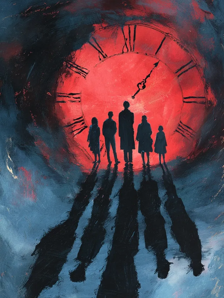 A stylized painting depicts five silhouetted figures standing before a large, ominous clock face. The clock is red and set against a dark, swirling background, creating a sense of impending doom. The figures' elongated shadows stretch behind them, adding to the dramatic atmosphere. The overall style is expressive and evocative, suggestive of a narrative about time, fate, or a looming event.