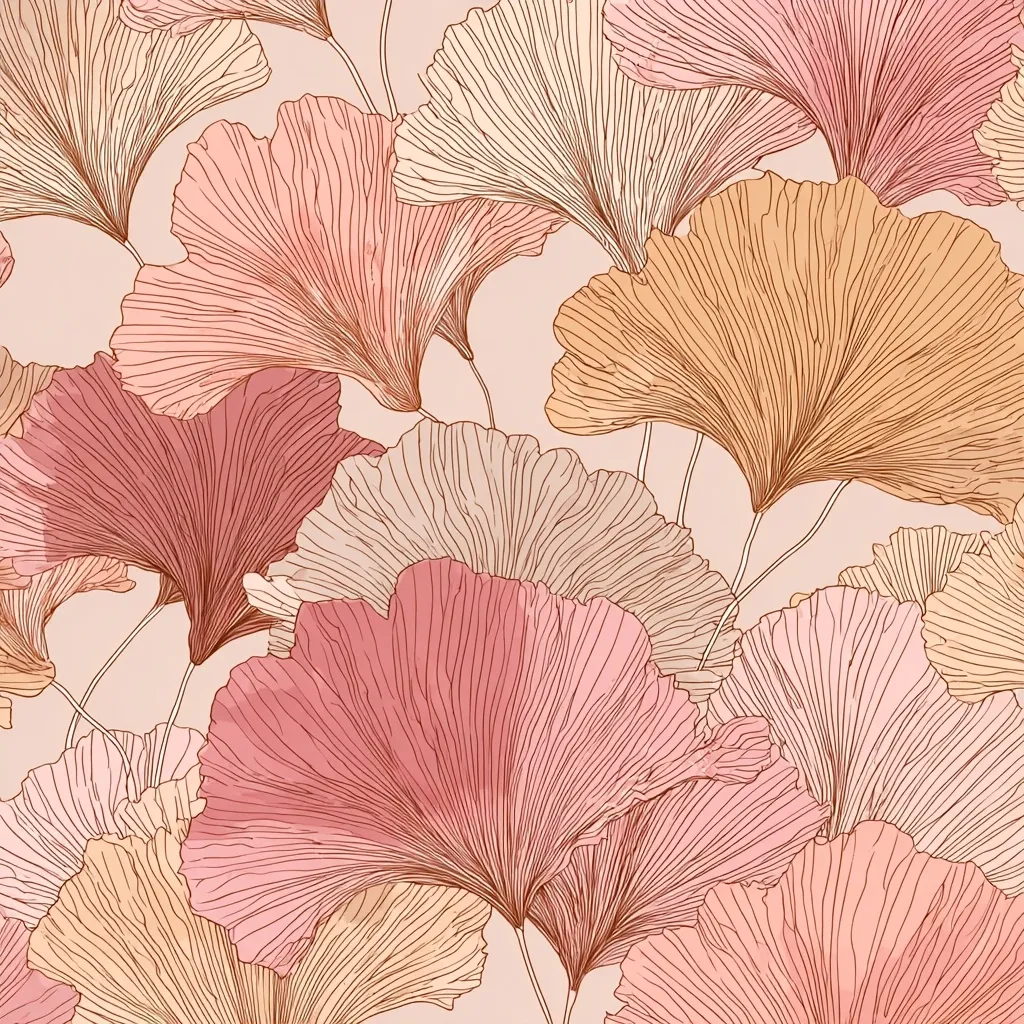 The image is a seamless pattern featuring stylized Ginkgo biloba leaves in varying shades of pink and beige.  The leaves are intricately detailed with fine lines suggesting veins, creating a delicate and elegant botanical illustration.  The soft color palette and overlapping leaves create a calming and romantic aesthetic.  The pattern would be suitable for fabric, wallpaper, or other decorative applications.