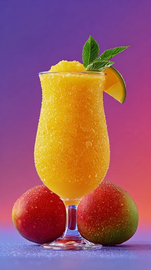 A refreshing mango slushy is showcased in a stemmed hurricane glass, garnished with a mint sprig and a lime wedge.  Two ripe mangoes, glistening with condensation, sit at the base of the glass against a vibrant purple and pink background. The image emphasizes the vibrant color and texture of the tropical drink and fruit.