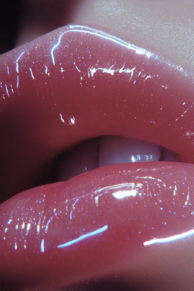 Close-up of glossy, pink lips with a wet-look finish.  The lip gloss reflects light, creating a shimmering effect with subtle streaks of light across the surface. The texture appears smooth and plump, showcasing a vibrant pink hue.  The focus is sharp, highlighting the details of the gloss and the subtle curves of the lips.