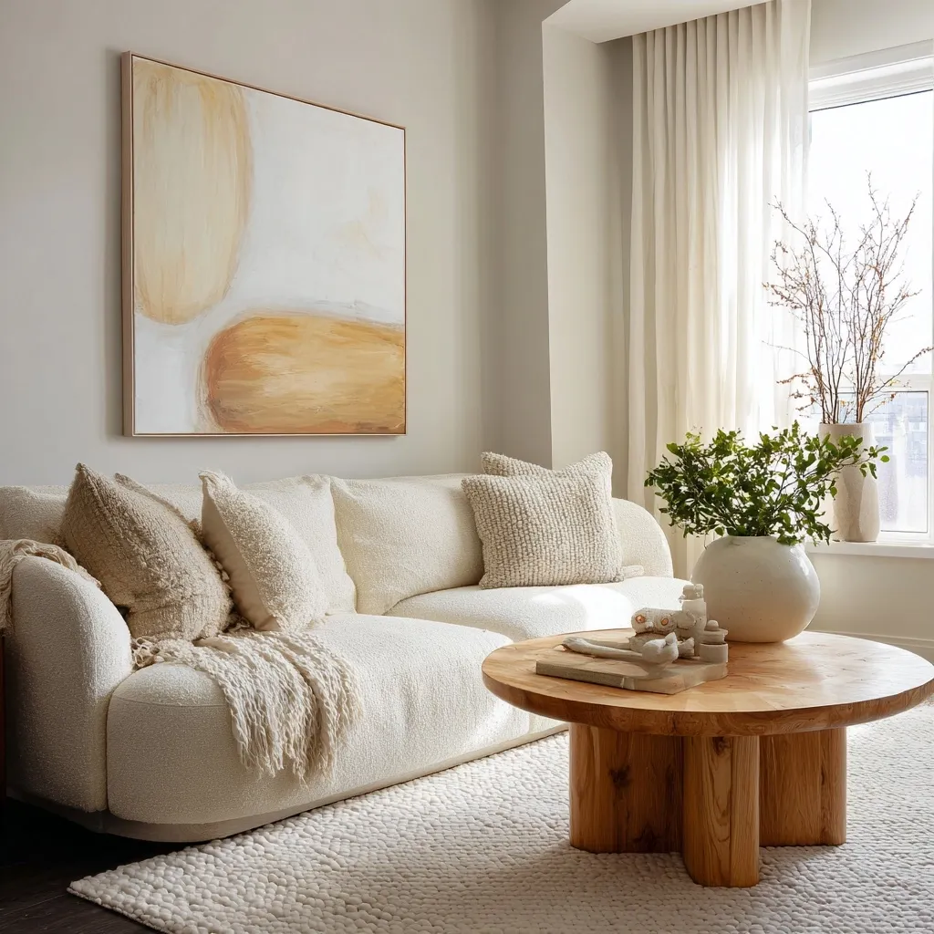 A light and airy living room features a creamy white, curved sofa adorned with textured throw pillows and a cozy knit blanket.  A large abstract painting in warm neutrals hangs above.  A low, round wooden coffee table sits in front, holding decorative objects.  The room is accented with natural elements, including greenery in a white vase and branches in a beige vase, creating a serene and stylish atmosphere.  Sheer curtains filter sunlight from a large window.