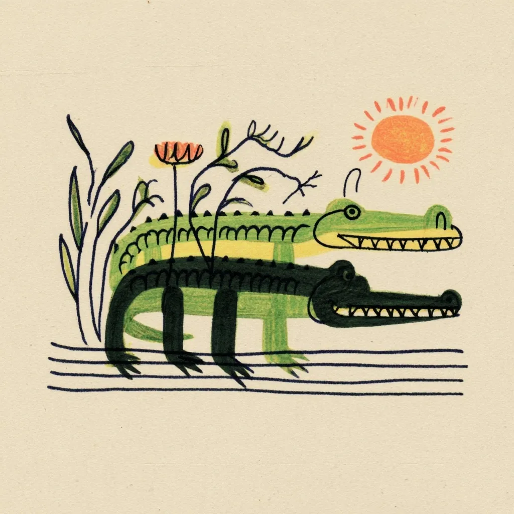A whimsical illustration depicts two stylized alligators, one atop the other, standing in a swampy area.  Simple, childlike drawings of plants and a sun add to the scene's lightheartedness. The alligators are rendered in shades of green and black, with exaggerated features, creating a playful and charming image. The background is a muted beige.
