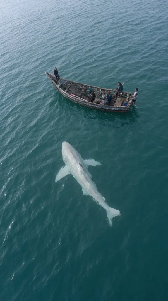 An aerial view shows a large, light-colored shark swimming in the ocean.  A small wooden boat with several fishermen is visible a short distance away. The water is a calm, deep teal. The scene suggests a potential encounter between the shark and the fishermen, though there is no immediate interaction. The overall image is serene yet slightly tense.