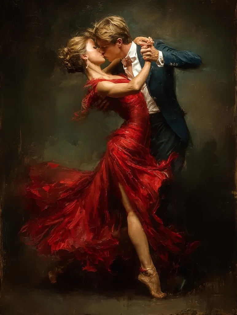 A painting depicts a passionate embrace between a man and woman in a ballroom dance. The woman, in a flowing red gown, is held closely by her partner.  Their eyes are locked, and they share a tender kiss. The dark background accentuates the vibrant red of her dress and their intimate connection. The artist's style is expressive and romantic, capturing a moment of intense emotion.