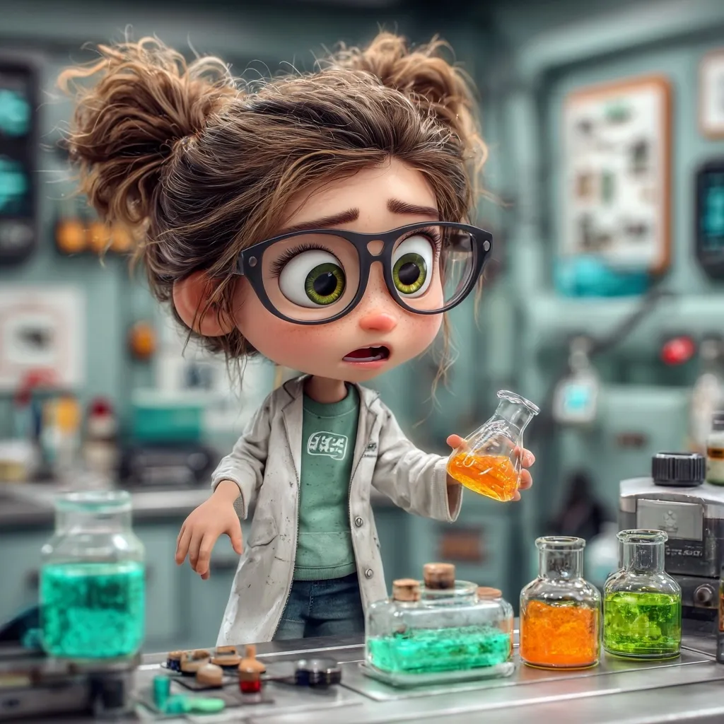 A cute, cartoon girl scientist with big eyes and glasses stands in a lab, holding a flask of orange liquid.  She has her hair in two buns and wears a white lab coat over a teal shirt.  Several jars containing brightly colored liquids are on the lab counter, suggesting a science experiment in progress.  The overall style is whimsical and charming.