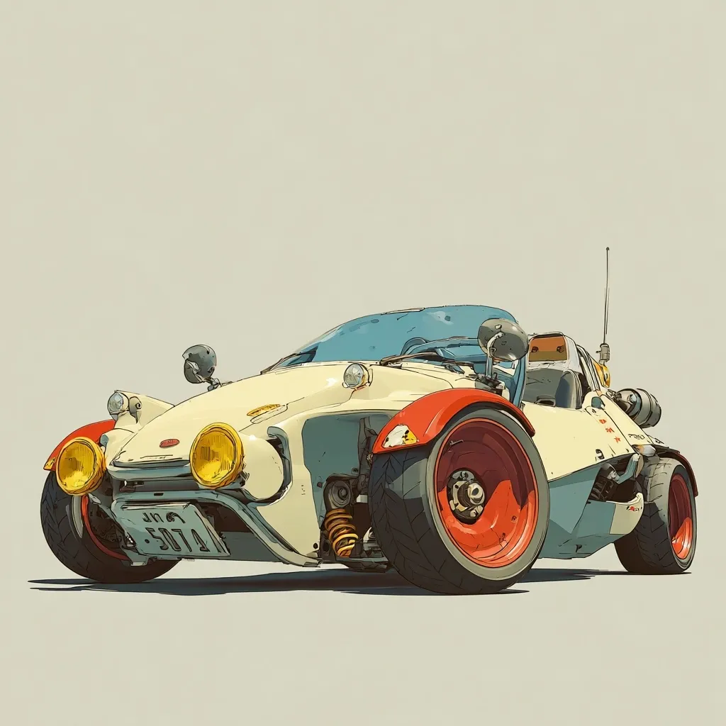 A stylized illustration depicts a futuristic, off-road-style vehicle.  The car is primarily cream-colored with red accents on the wheel wells and rims.  Large, round headlights and a compact design emphasize a rugged yet sleek aesthetic.  The car's license plate is visible, suggesting a Japanese origin. The style is reminiscent of concept art or animation.