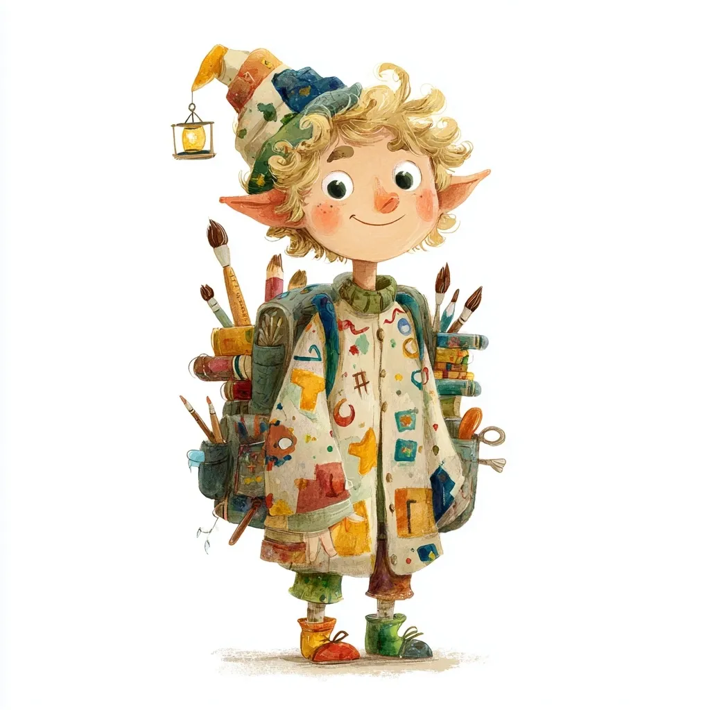 A cheerful elf with curly blond hair and pointed ears carries a large backpack overflowing with art supplies: paintbrushes, pencils, and books.  He wears a whimsical, paint-splattered coat and a conical hat with a small lantern attached.  His joyful expression and colorful attire suggest a playful and creative spirit.  The artwork is rendered in a watercolor style.