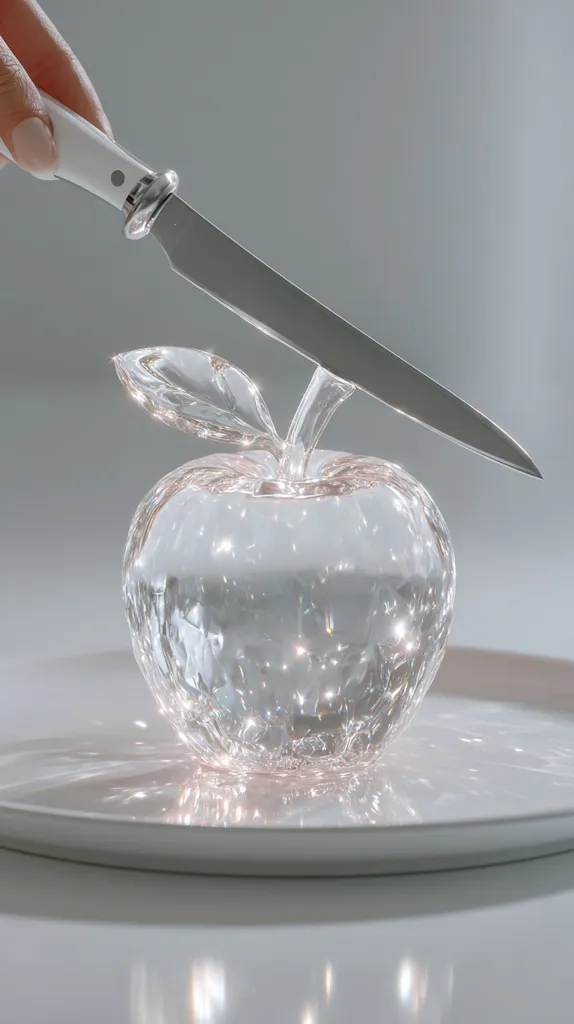 A hand holds a white-handled knife poised above a crystal apple resting on a white plate.  The apple is intricately faceted, catching and reflecting light. The scene is minimalist and subtly dramatic, highlighting the contrast between the sharp knife and the delicate glass fruit.  The overall aesthetic is clean and modern, with a hint of surrealism.