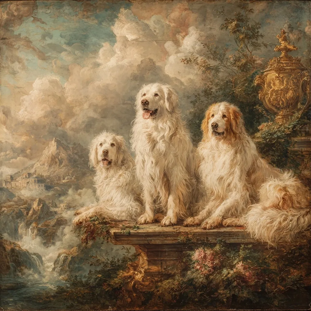 Three majestic white dogs, possibly Pyrenean Mastiffs, are depicted in a serene landscape.  They sit regally on a stone balustrade overlooking a picturesque valley with a distant town and cascading waterfall.  A gilded urn is subtly placed in the background, adding to the painting's opulent feel. The cloudy sky and lush greenery complete the idyllic scene, showcasing the dogs' fluffy coats and noble stance.