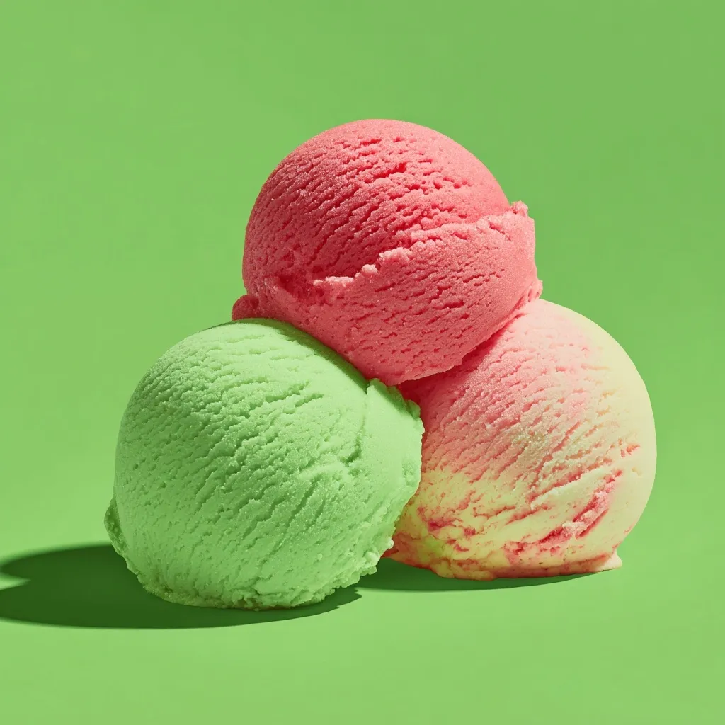 Three scoops of ice cream in vibrant colors rest on a bright green background.  A large scoop of pink sits atop a smaller scoop of light green and a scoop of pale pink and yellow. The texture of the ice cream is smooth and slightly textured, suggesting a creamy consistency. The scene is brightly lit, creating a cheerful and appetizing image.