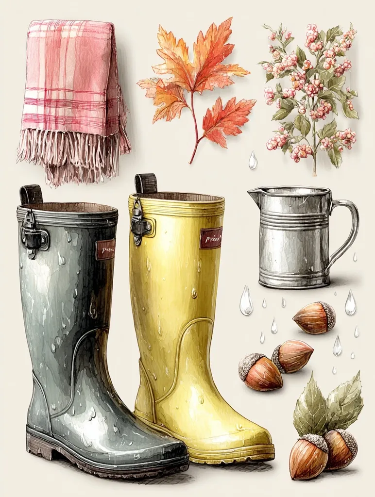A watercolor illustration depicts a cozy autumn scene.  A pink plaid throw blanket hangs above a pair of rain boots, one gray and one yellow, both showing water droplets.  Nearby are autumn leaves, a sprig of berries, a metal watering can, and hazelnuts.  The style is detailed and evocative of a fall day.