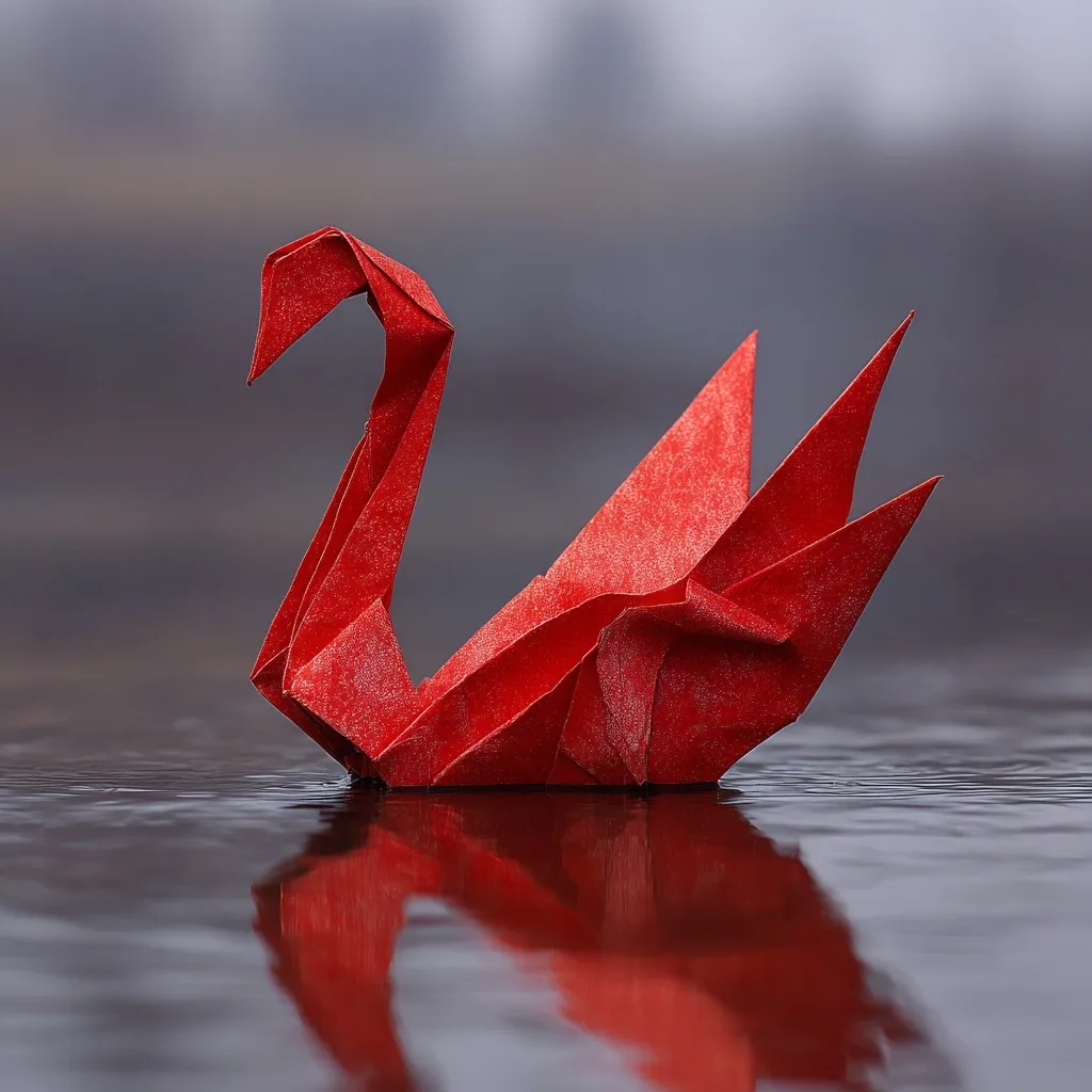 A vibrant red origami swan floats serenely on dark, still water.  Its reflection mirrors perfectly in the calm surface. The swan's detailed folds are visible, showcasing the intricate art of paper folding. The blurred background emphasizes the swan, creating a peaceful and contemplative scene.