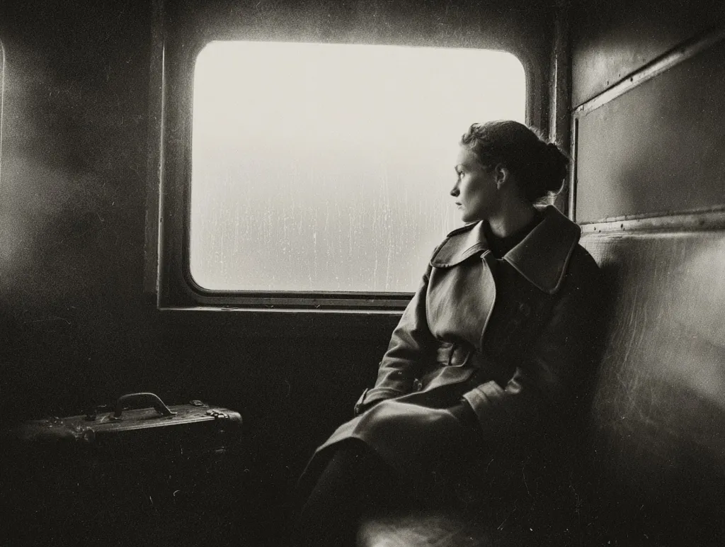 A black and white photograph captures a woman seated alone in a train carriage.  She gazes pensively out the rain-streaked window, a suitcase beside her. The dimly lit interior contrasts with the muted light outside, creating a melancholic atmosphere.  Her coat is belted, adding to the vintage feel of the image.  The overall mood is reflective and solitary.