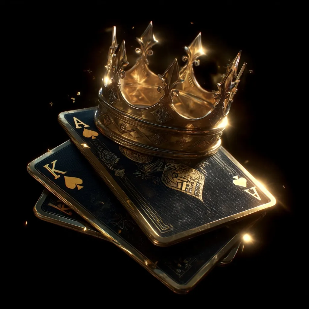 A king and ace of spades playing cards are dramatically depicted, resting beneath a gleaming gold crown.  The dark background accentuates the gold's brilliance and the cards' ornate details.  The image suggests royalty, power, and high stakes, possibly representing a gambling theme or a game of chance with significant rewards.  The overall aesthetic is rich, luxurious, and mysterious.