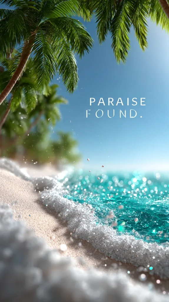 A tranquil beach scene unfolds, with crystal-clear turquoise water lapping gently onto pristine white sand. Lush, vibrant green palm trees frame the idyllic setting under a bright blue sky.  The text "Paraise Found" elegantly rests against the sky, enhancing the serene and utopian atmosphere of the image.  The overall feel is one of blissful escape and tropical paradise.