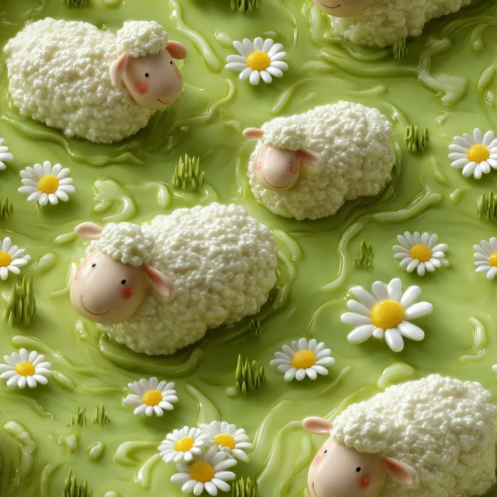 A pastel green background features several sculpted sheep, appearing to float on a rippling surface.  The sheep are white with textured coats, and their faces are delicately detailed.  Scattered daisies add to the whimsical, springtime scene, creating a charming and playful composition. The texture is smooth and glossy, suggesting a confectionery or art piece.