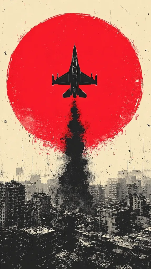 A stark, graphic image depicts a fighter jet silhouetted against a large red sun, descending toward a war-torn cityscape.  The jet leaves a dark trail of smoke, contrasting with the pale background. The city below is rendered in shades of gray and black, showing extensive destruction and ruin. The overall style is gritty and evocative of conflict and devastation.