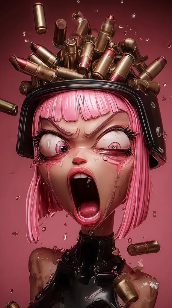 A stylized female character with bright pink hair is depicted, her head adorned with numerous bullet casings resembling a crown.  Her expression is one of furious distress, with tears streaming down her face and her mouth wide open in a scream. She wears a dark, wet-looking bodysuit, and the overall aesthetic is dark and dramatic, suggestive of violence or intense emotion.  The background is a muted pink.