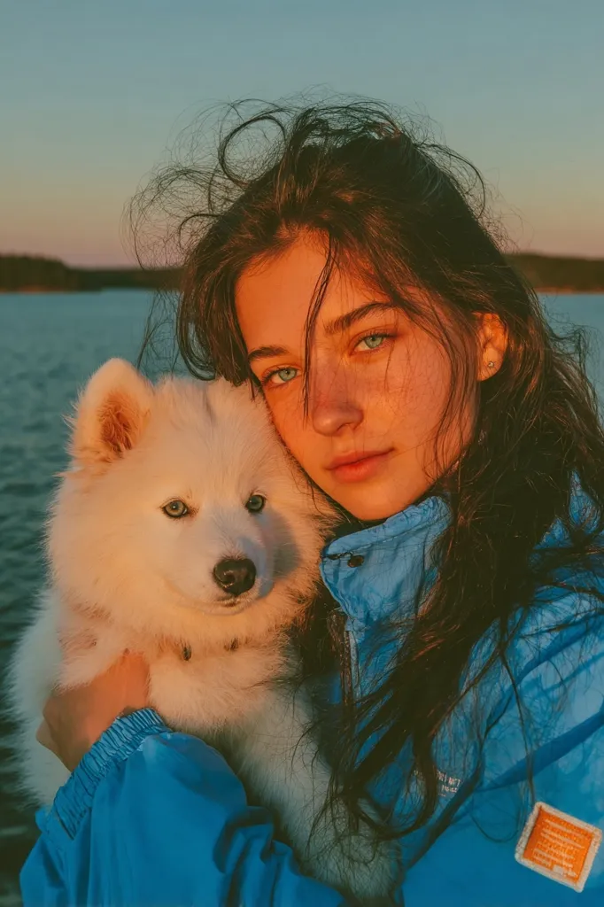 A young woman with long, dark hair and striking blue eyes holds a fluffy white Samoyed puppy close to her chest.  The warm golden light of sunset bathes them both as they pose near a calm body of water. She's wearing a bright blue jacket, creating a vibrant contrast against the puppy's white fur. The overall mood is serene and affectionate.