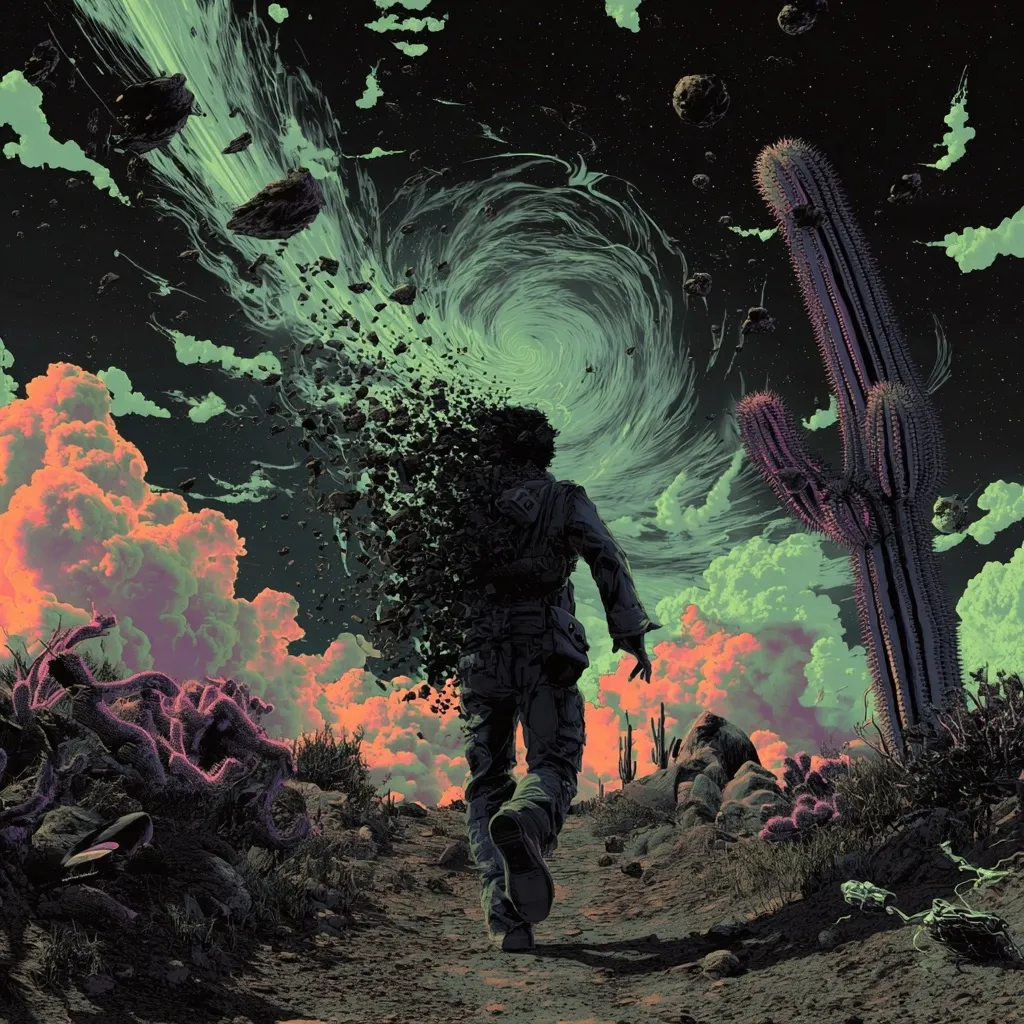 A surreal digital artwork depicts a man walking away from a swirling vortex of disintegrating matter.  His body is partially dissolving into fragments against a desert landscape under a vibrant, otherworldly sky.  Tall cacti and strange flora punctuate the scene, enhancing the dreamlike atmosphere. The overall mood is one of mystery and transformation, possibly depicting disintegration or a journey into the unknown.