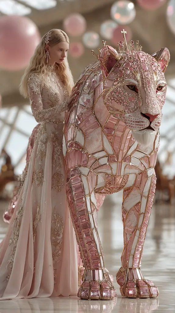 A blonde woman in a long, embellished pink gown stands beside a magnificent pink gemstone lion. The lion, adorned with a jeweled crown, appears to be made of intricately arranged pink crystals and gold accents.  The scene is elegant and fantastical, suggesting a fairytale setting.  The soft lighting enhances the delicate textures of the dress and the sparkle of the lion's gemstone body.