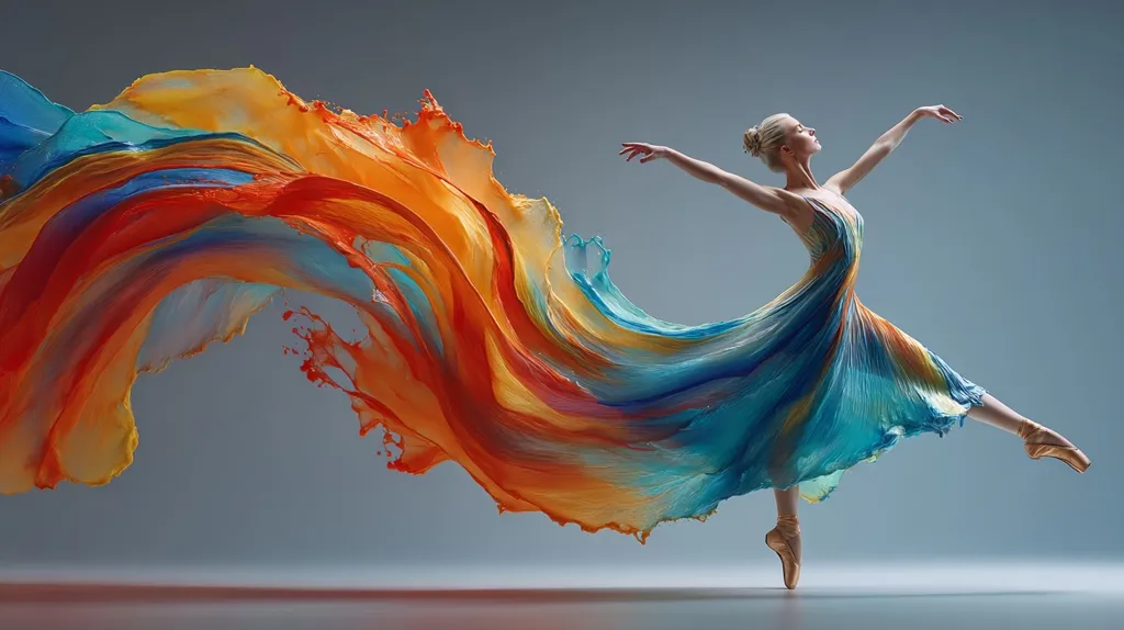 A ballerina gracefully leaps, her vibrant, flowing dress resembling a splash of paint in hues of blue, orange, and yellow.  The dynamic movement is captured mid-air, creating a striking visual of artistry and fluidity. The dress's texture mimics the swirling motion of the paint, adding a captivating sense of energy to the image.  The dancer's poised posture contrasts beautifully with the explosive energy of her painted garment.