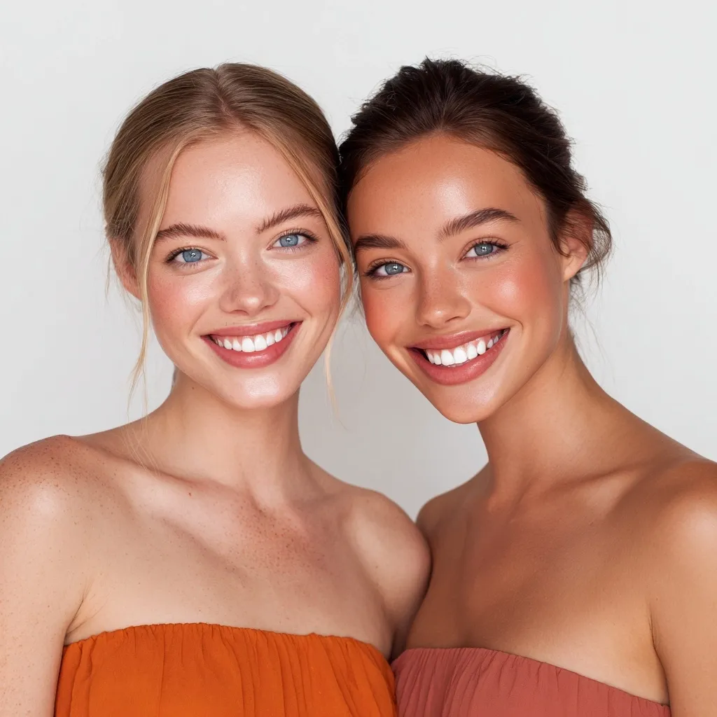 Two young women with flawless skin and bright smiles stand shoulder to shoulder.  One has blonde hair, the other brunette. Both wear strapless tops in shades of burnt orange. Their radiant complexions and happy expressions are the focal point of the image, set against a simple white background.  The overall impression is one of beauty and youthful vitality.