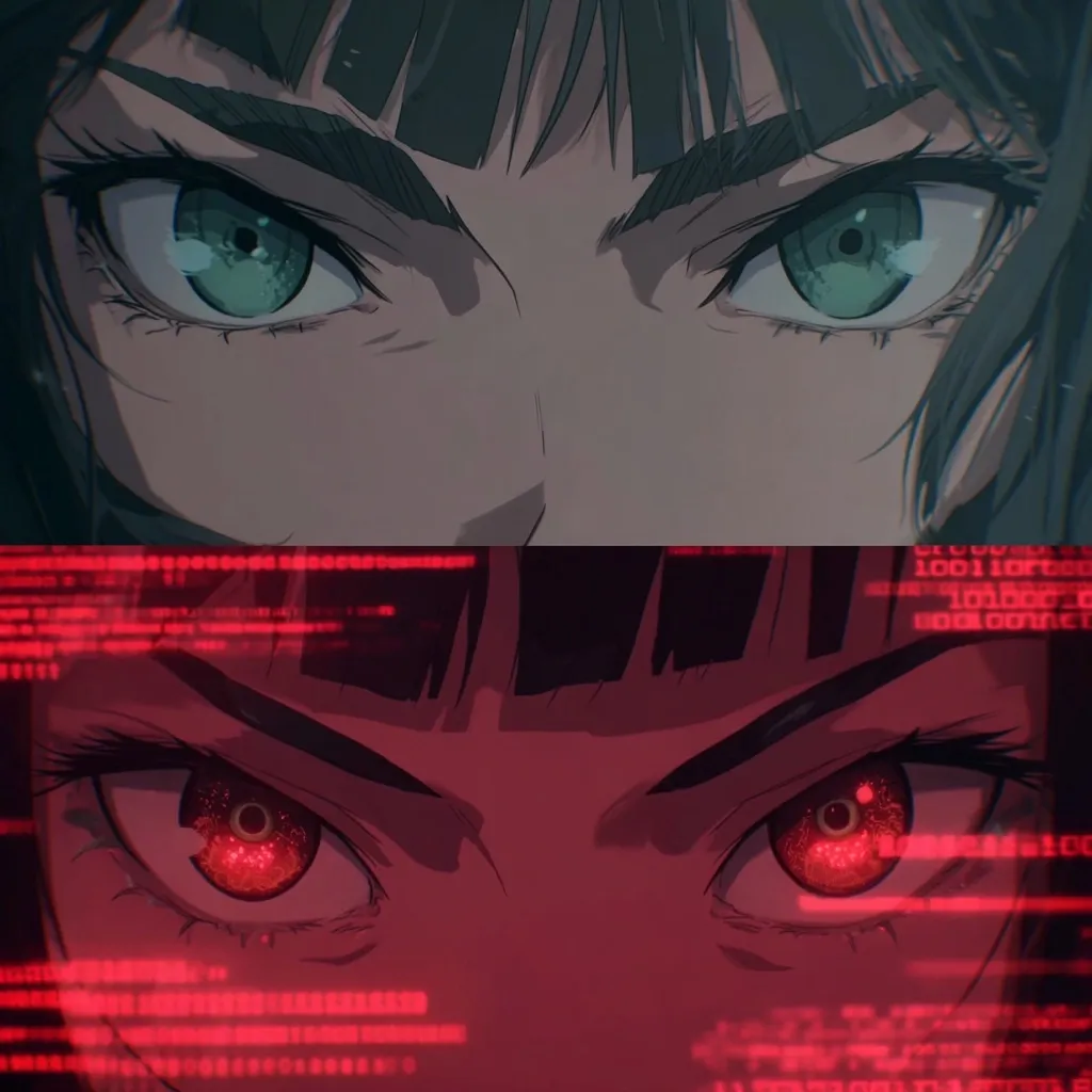 The image is a split screen showcasing a female anime character.  The top half shows her with intense, green eyes, a neutral expression, and dark hair. The bottom half depicts the same character, but her eyes glow a vibrant red, overlaid with red digital code, suggesting a transformation or connection to a digital world.  The contrasting eye colors and the digital overlay create a striking visual effect.