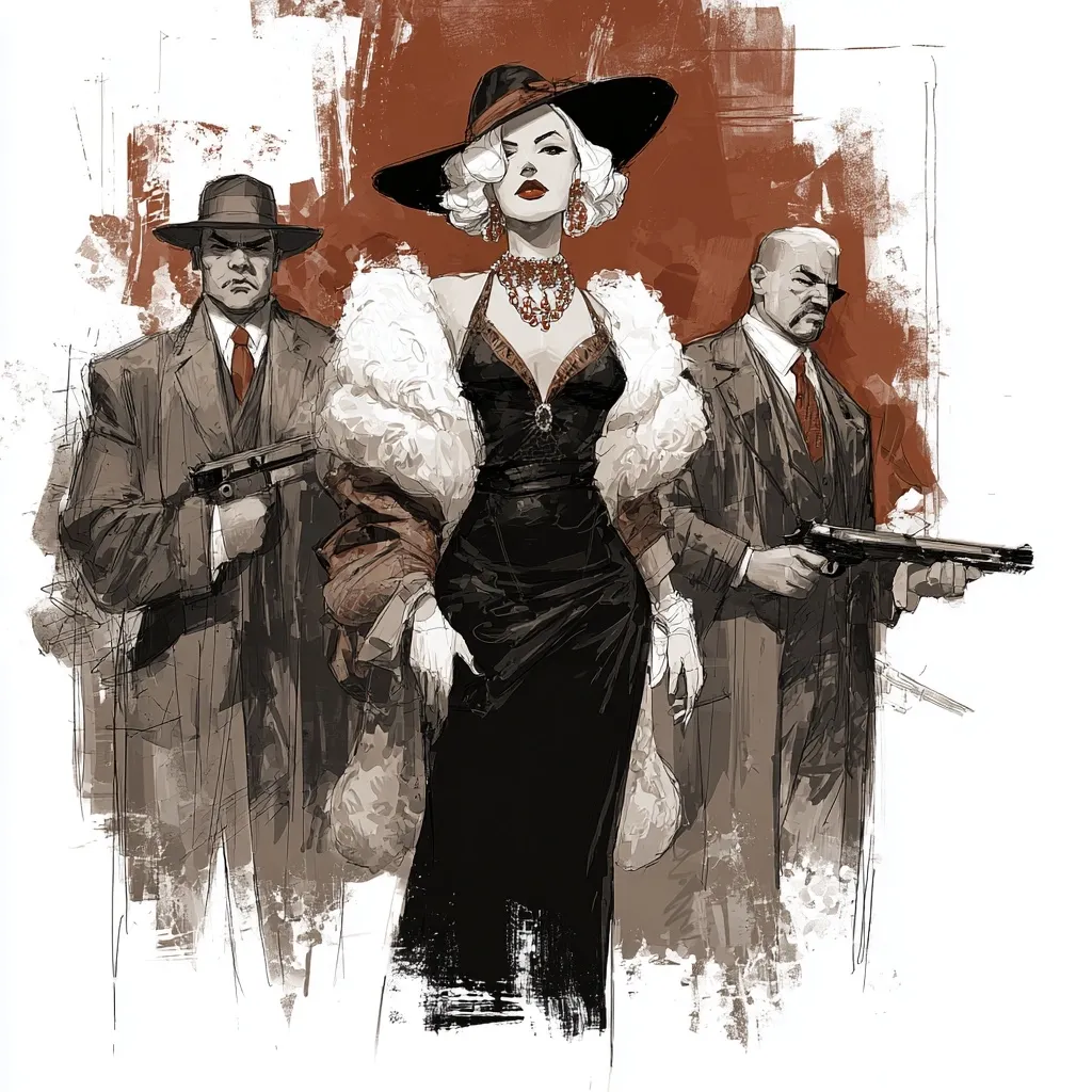 A striking illustration depicts a glamorous woman in a black gown and fur stole, flanked by two men in suits, each holding a handgun. The woman, adorned with jewelry and a wide-brimmed hat, exudes confidence. The men, with stern expressions, stand protectively beside her. The artwork's style is reminiscent of vintage gangster films, using muted tones and expressive brushstrokes.  The overall mood is one of power and intrigue.