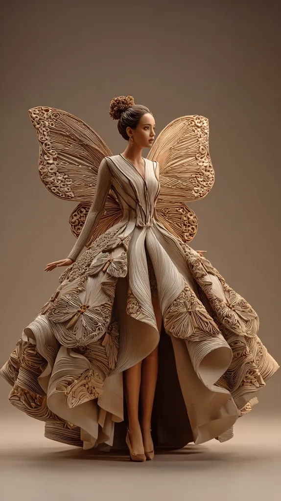 A model wears an intricately designed, high-low gown and large butterfly wings. The ensemble is crafted from a beige material, possibly paper or fabric, meticulously sculpted into floral and wing patterns. The dress's layers create a dramatic, voluminous silhouette.  The model's elegant pose and the monochromatic color scheme enhance the gown's artistic and ethereal quality.