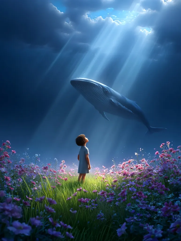 A young girl, dressed in a simple blue dress, stands in a field of vibrant purple flowers, gazing upwards.  Above her, a majestic blue whale swims in the ethereal glow of sunbeams piercing a dark, cloudy sky. The scene is serene and dreamlike, evoking a sense of wonder and connection between the child and the ocean's gentle giant. The overall mood is peaceful and magical.