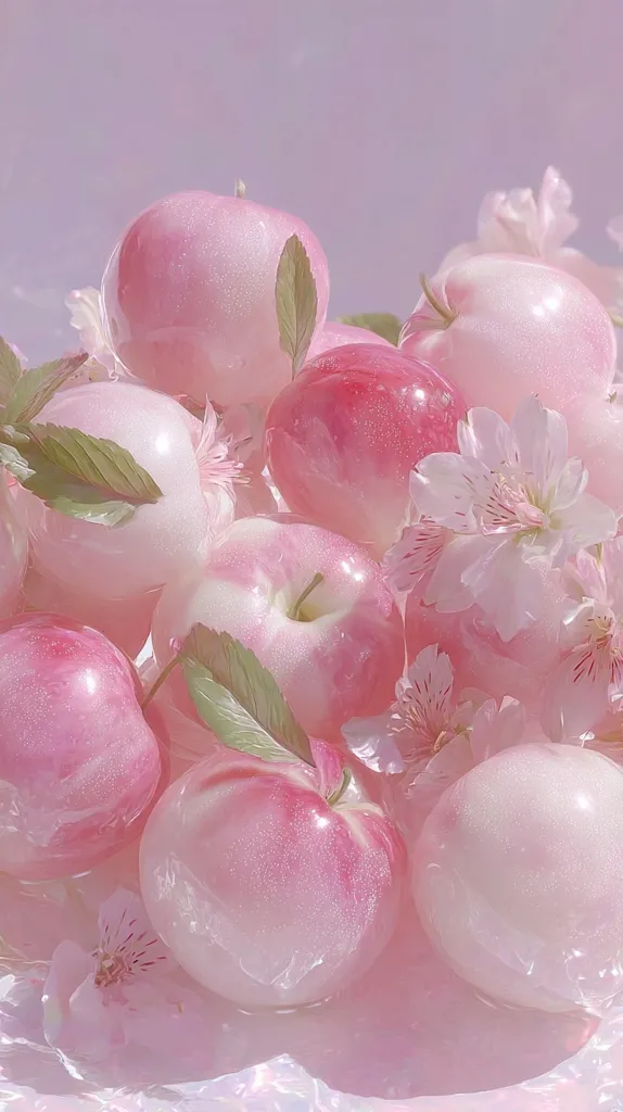 A cluster of glistening pink apples rests in a pool of water, surrounded by delicate pink and white flowers and lush green leaves.  The soft, dreamy lighting enhances the pastel hues, creating a whimsical and aesthetically pleasing image.  The apples appear almost translucent, with a soft, ethereal glow.