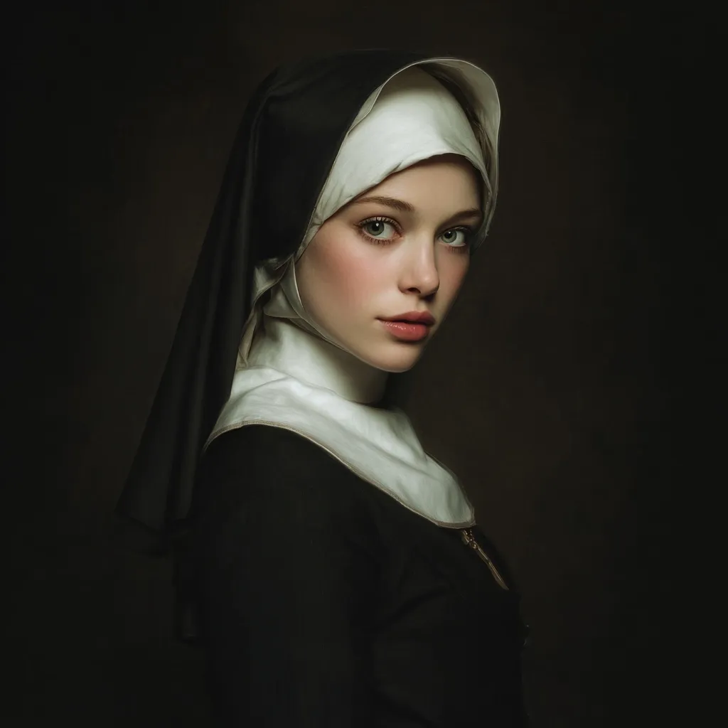 A young woman, dressed as a nun in a dark, flowing habit and white wimple, is captured in a dramatic, dimly lit portrait. Her light skin and striking green eyes contrast against the somber attire.  She gazes over her shoulder, creating a sense of mystery and intrigue. The image evokes a classic, almost Renaissance-style painting.