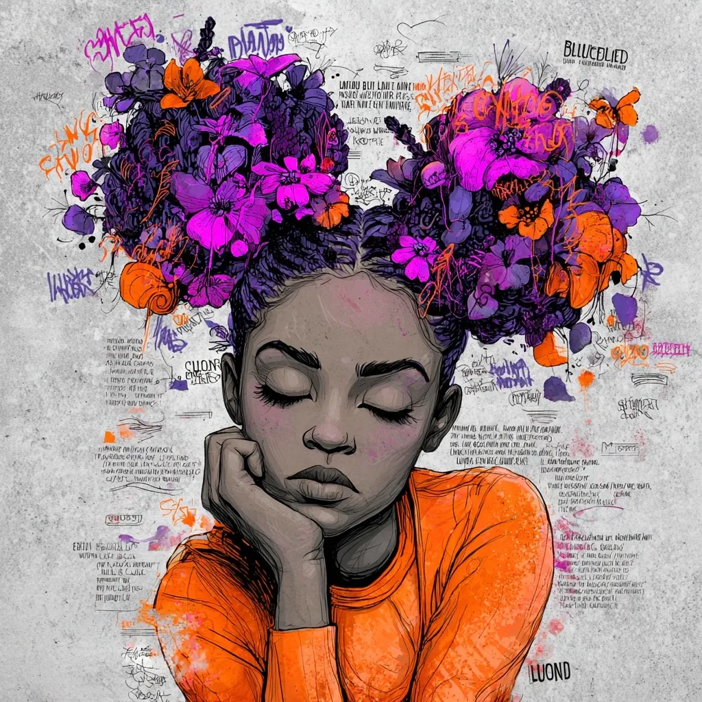 A stylized portrait of a young Black girl with her eyes closed, resting her chin on her hand.  Her hair is adorned with vibrant purple and orange flowers, creating a crown-like effect amidst graffiti-style text and markings on a textured gray background. The overall aesthetic blends realism with abstract elements, resulting in a striking and expressive image.  The girl wears a burnt orange long-sleeved shirt.