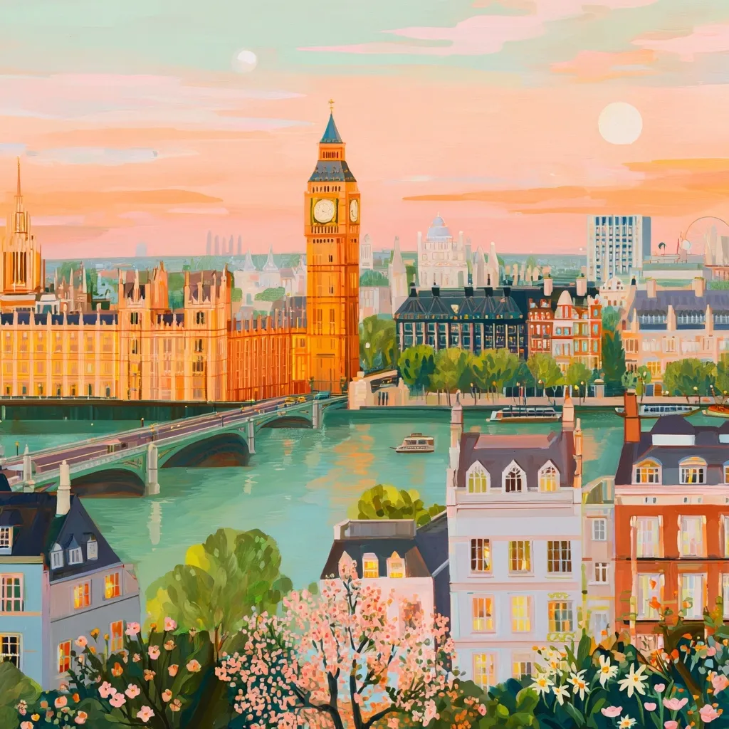 A picturesque depiction of London at sunset.  The Houses of Parliament and Big Ben are prominently featured, with the Thames River flowing gently in the foreground.  Charming buildings line the riverbanks, and vibrant spring blossoms add a touch of color to the scene, creating a peaceful and idyllic atmosphere.  Two celestial bodies, possibly moons, are visible in the soft, pastel sky.