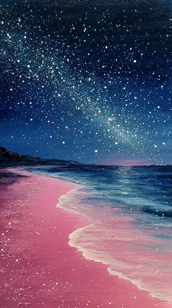 A painting depicts a tranquil night scene at the beach.  Pink sand meets a gentle, wave-kissed shore under a breathtaking dark blue sky brimming with a glittering Milky Way.  The artist uses thick brushstrokes to create texture in the sand and waves, contrasting with the finely speckled stars. A peaceful, dreamy atmosphere is evoked by the soft colors and celestial display.