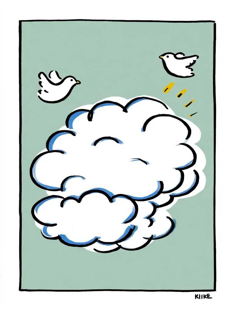 A simple illustration depicts two white birds flying near a large, fluffy cloud against a pale green sky.  The cloud is drawn in a cartoon style with rounded edges and a textured appearance.  The birds are stylized, with minimal detail, and appear peaceful.  The overall mood is serene and lighthearted.