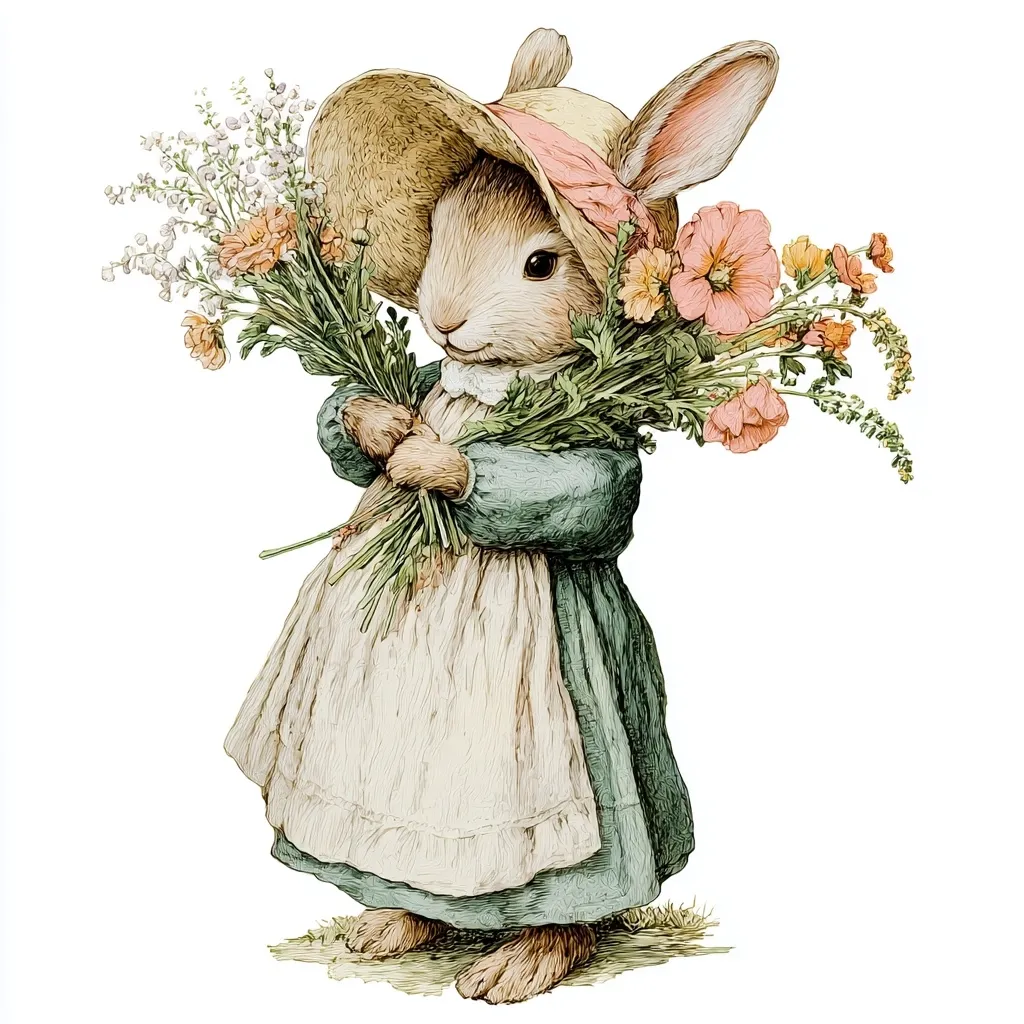 A charming illustration depicts a rabbit dressed in a quaint bonnet and apron, delicately holding a vibrant bouquet of wildflowers.  The rabbit's soft fur and sweet expression, coupled with the delicate floral arrangement, create a whimsical and endearing image.  The style suggests a vintage children's book illustration or charming print. The colors are soft and pastel, enhancing the gentle and peaceful mood.