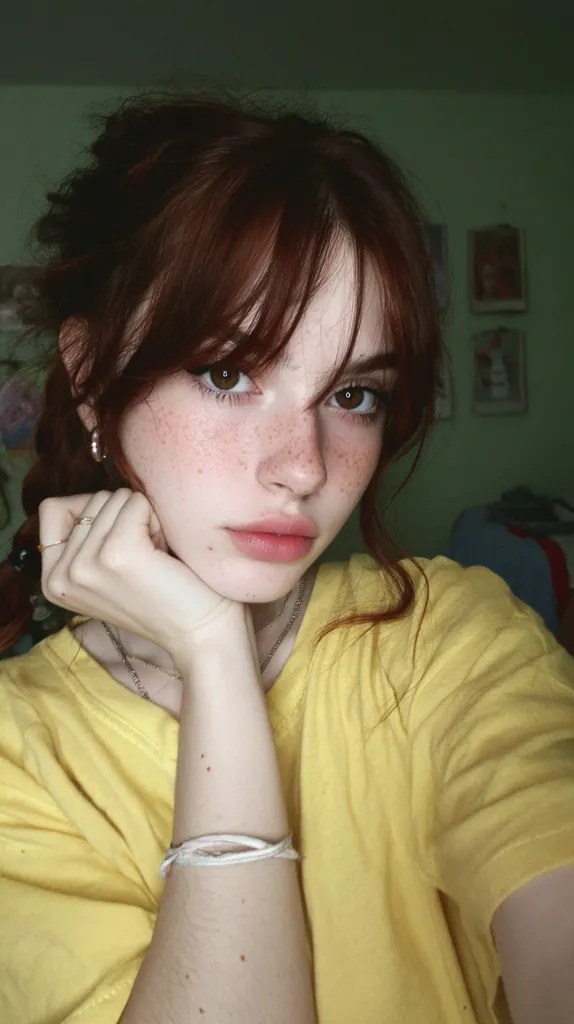 Close-up portrait of a young woman with reddish-brown hair styled with bangs and a braid.  She has fair skin with freckles and is wearing a simple yellow t-shirt.  Her hand rests gently on her cheek, and she has a calm, pensive expression.  The background is blurred, showing a hint of a room with framed pictures.