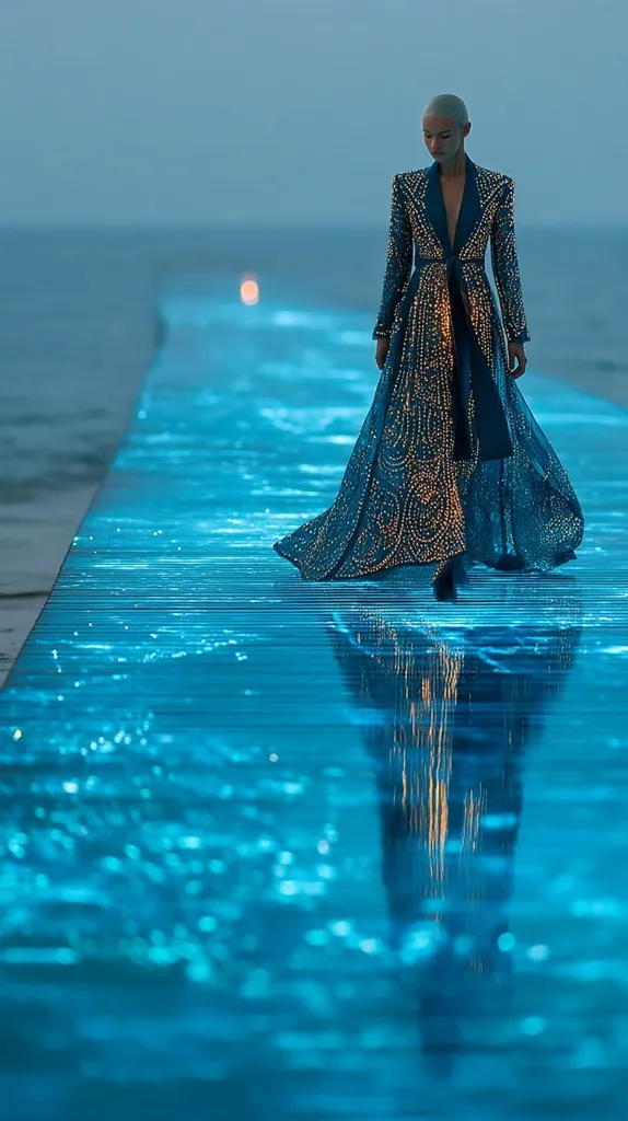 A bald woman in a shimmering teal gown walks down a luminous blue runway extending over the ocean.  The gown is adorned with light-catching details, mirroring the ethereal glow of the path. The water beneath the walkway appears to be bioluminescent, creating a magical and surreal atmosphere.  The model's reflection is visible in the surface, enhancing the dreamlike quality of the scene.