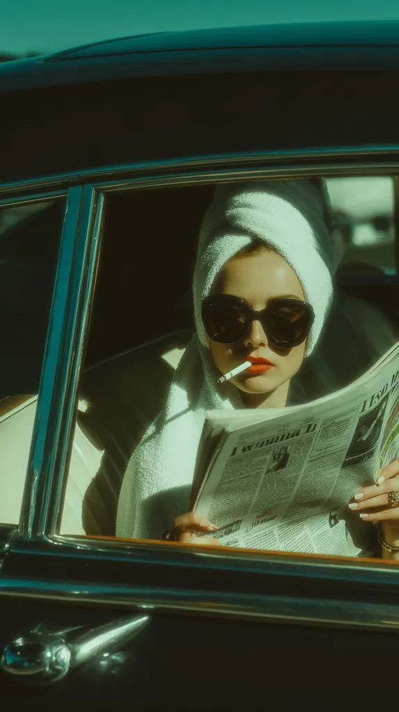 A stylish woman, wrapped in a white towel, sits in a vintage car.  She wears dark sunglasses and holds a newspaper, a cigarette delicately poised between her lips.  The scene is bathed in a sun-drenched, retro aesthetic, evoking a sense of old Hollywood glamour and effortless cool. The dark green car contrasts sharply with the bright sunlight.