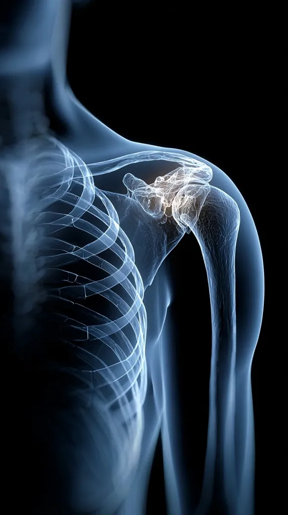 A stylized, translucent anatomical image showcases a human shoulder joint. The clavicle, scapula, and humerus are clearly visible, with the acromioclavicular joint highlighted.  The rib cage is partially shown, offering context within the torso. The image is rendered in shades of blue against a black background, emphasizing the skeletal structure and joint articulation.